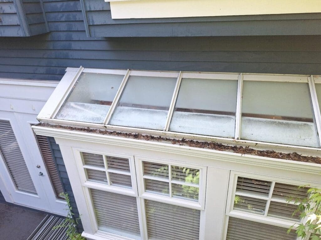 Dirty skylights on a residential roof in North Vancouver before cleaning service