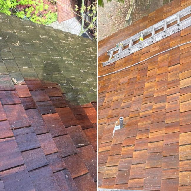 cedar roof cleaning Cleaning In Vancouver before and after, soft wash roof cleaning